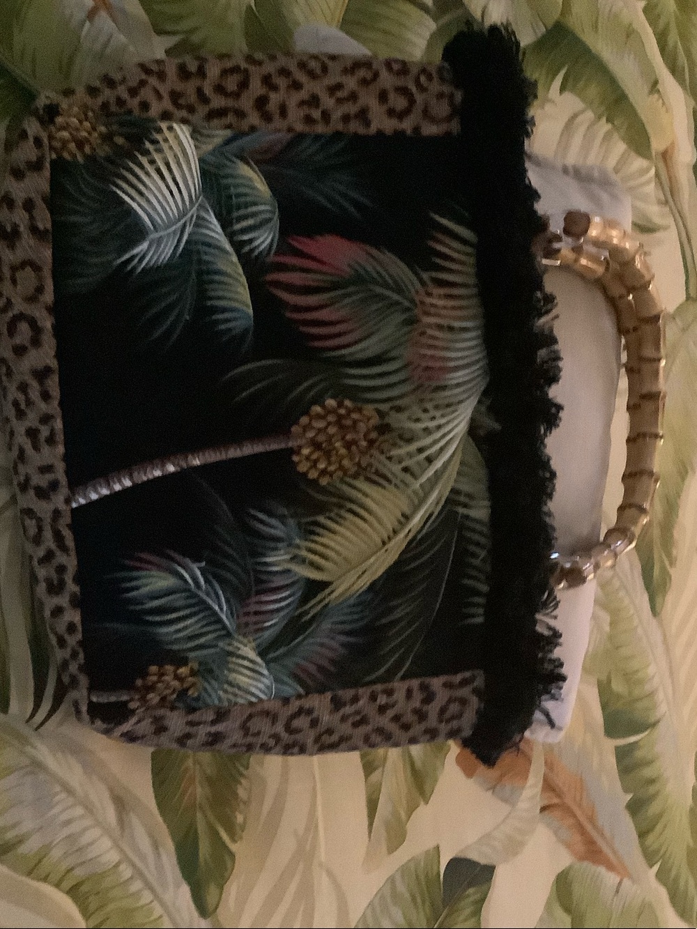 Tropical Palm Leopard Print tote bag w/black cotton fringe trim + bamboo handl